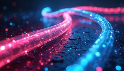 Poster - Abstract image features glowing fiber optic strands in futuristic dreamscape. Neon light strands swirl, twist creating intricate digital design. Modern tech illustration shows advanced concept, with