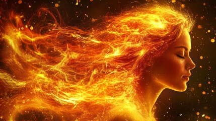 Poster - Fiery woman, hair ablaze, glowing embers, dark background.