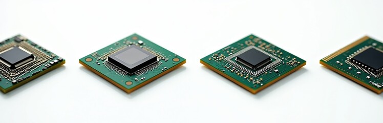 Poster - Collection CPU computer microchips tech isolated on white background. Semiconductor chips close-up. Central processing unit, computer hardware, electronic components, digital technology concept.