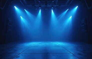 Poster - Blue stage with spotlights. Empty concert hall with lights. Online entertainment concept. Rock club, music event, live show stage. Digital broadcasting, video streaming, live stream for online
