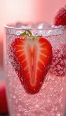 Poster - Close-up macro photo of fresh strawberry slice in sparkling soda water. Bubbles background, ice cubes. Refreshing cold summer beverage. Summer bar cocktail for holiday, party. Healthy eco food drink.