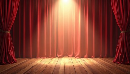 Poster - Red velvet stage curtains spotlight. Wooden floor light beams. Classic theatre scene background. Performance show entertainment. Dramatic scene setting. Ideal backdrop for presentation.