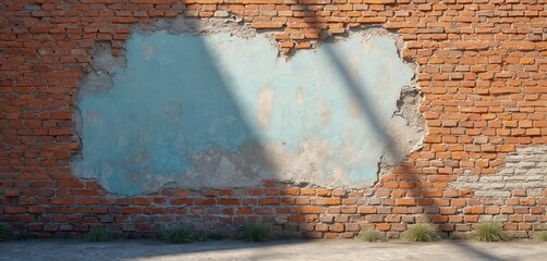 Aufkleber - Old brick wall with ruined plaster surface. Grunge background, texture, vintage design, abstract architectural detail. Damaged cracked brickwork. Ideal for urban, industrial concepts. Rough concrete,