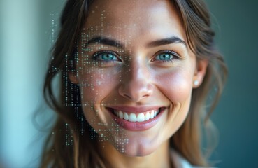 Aufkleber - Smiling woman face with digital facial recognition scan. Data scanning, artificial intelligence tech recognizes smiling face. Biometric identification, facial recognition technology concept, AI.