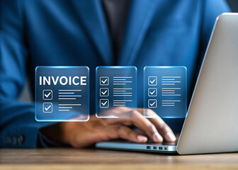 Poster - Professional businessperson typing on laptop with digital invoice overlay. Close-up of hands working on laptop with transparent invoice icons. Modern office workspace featuring digital invoices and te