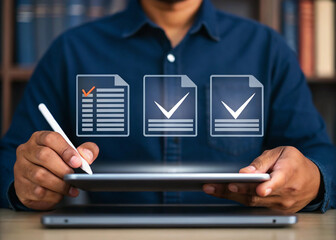 Poster - Professional using stylus with digital interface. Close-up of hands interacting with smart tablet. Modern tech productivity with digital approval icons.