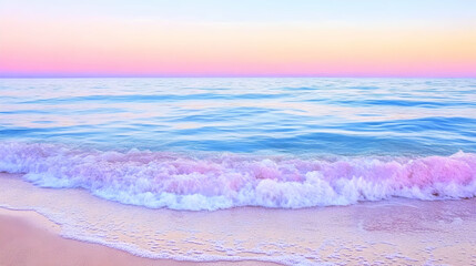 Wall Mural - pastel sunset over calm ocean waves gently lapping a pink sandy beach