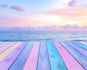 Wall Mural - pastel-colored wooden planks overlooking a serene ocean sunset