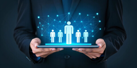 Poster - Futuristic business professional holding a holographic tablet. Digital networking and teamwork concept with glowing blue display. Technology and communication theme with interconnected data nodes.