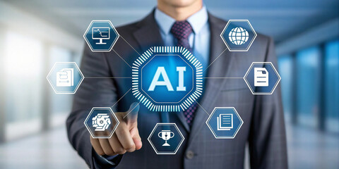 Poster - Business professional interacting with AI technology interface. Modern businessman engaging with digital AI microchip concept. Futuristic corporate leader using virtual data and security system.