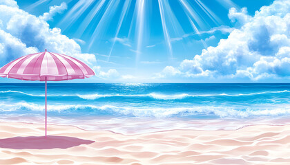 Wall Mural - pink striped beach umbrella on sunny sandy shore