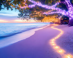 Wall Mural - romantic beach sunset with fairy lights strung across trees and leading to the ocean