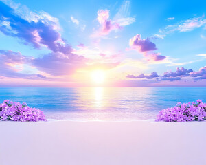 Wall Mural - serene beach sunset with purple flowers on white sand