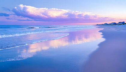 Wall Mural - serene beach sunset with pastel sky reflected in calm water