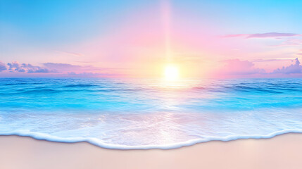 Wall Mural - serene ocean sunrise, pastel sky, soft waves lapping sandy beach