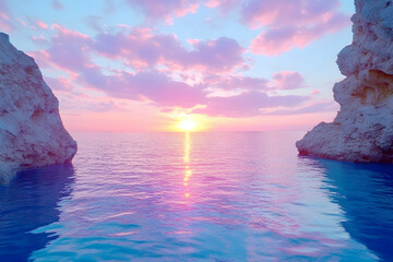 Wall Mural - serene sunset over calm ocean seen through rock formations