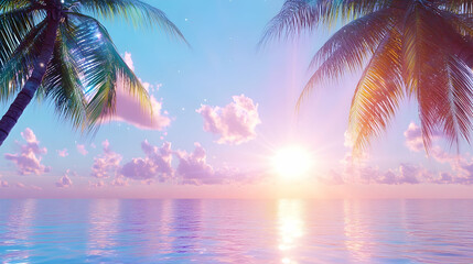 Wall Mural - serene sunset over calm ocean framed by palm trees