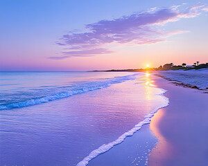 Wall Mural - serene sunset over tranquil beach, pastel sky hues reflecting on calm ocean waves and white sand