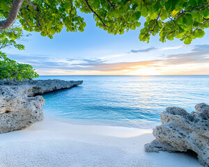 Wall Mural - serene sunset over tranquil beach, framed by lush foliage and rocks