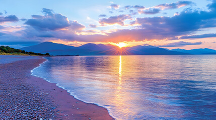 Wall Mural - serene sunset over calm ocean, reflecting on sandy beach with mountains in background