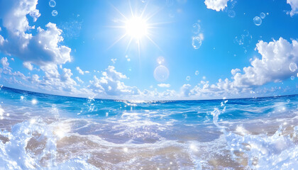 Wall Mural - sunny beach scene with turquoise water, waves, and bright sky