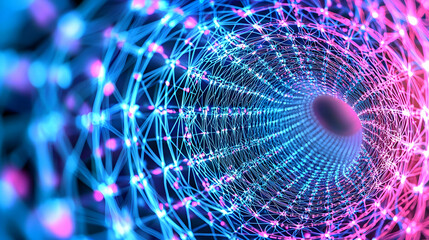 Poster - Abstract Neon Tunnel Of Geometric Lines And Glowing Dots