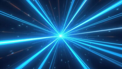 Poster - Abstract digital art illustration shows dynamic blue laser beams converging towards vanishing point. Futuristic energetic visual effect, light rays, energy flow, neon glow effect in cosmos.