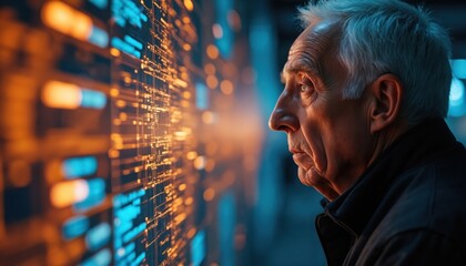 Poster - Old man looks at futuristic screen with glowing orange and blue lights. Technology concept innovation, digital age, data visualization. Senior citizen explores future tech.