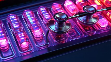 Poster - stethoscope resting on colorful display with vibrant lights generative ai