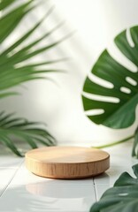 Poster - Minimalist cosmetic product display stand on white tile surface with monstera leaves. Wooden podium stage platform for natural eco-friendly cosmetics, skincare items. Sunlit product presentation for