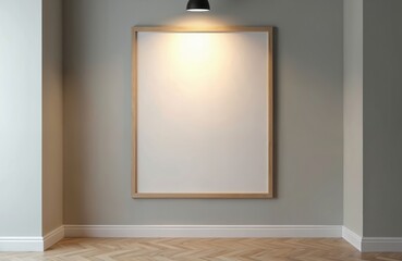 Poster - Blank poster frame with spotlight on wall. Mockup display in modern minimalist interior. Lighted board is empty for advertising, information, design, concept, promotion. Vertical banner presentation.