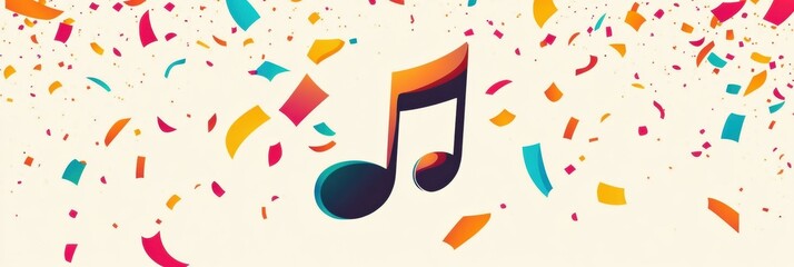 Poster - Bright festival logo showcasing a music note surrounded by colorful confetti in a joyful celebration atmosphere