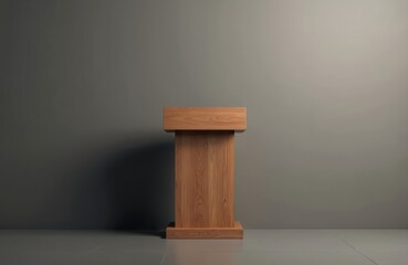 Poster - Minimalistic wooden pulpit, dais isolated on gray background. Elegant church interior design. Empty speech stand, lectern for public speaking announcement. Modern minimalist design, architecture.