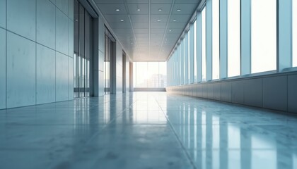 Aufkleber - Modern hallway with reflective walls, flooring. Natural light streams through large windows. Sleek, minimalist design creates tranquil, inviting atmosphere. Empty space for corporate, business,