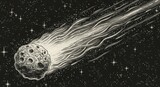 Illustration of a comet with a bright tail flying through a star filled night sky in black and white