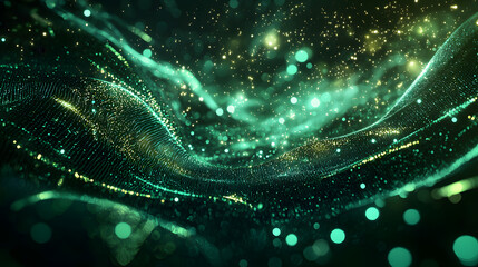 Poster - Digital particles flowing in abstract waves virtual space motion graphics glowing environment dynamic viewpoint futuristic concept