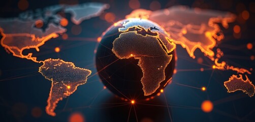 Fototapete - Digital illustration of global network with orange data points connecting continents on dark background. Perfect tech, global business, communication concepts. Illustration of the digital world map.