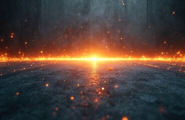 Poster - Abstract fire effect on grey concrete background. Orange laser beam of light. Futuristic design, energy concept. Party, night, club, bar, bright colors, illumination, shine. Digital art.