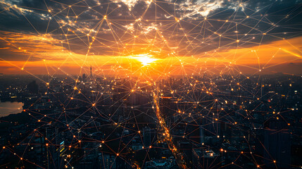 Poster - Augmented reality visualization in urban landscapes stunning sunset digital art city environment aerial view innovative concept