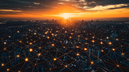 Poster - Augmented reality visualization of urban connectivity at sunset digital landscape aerial perspective innovative technology concept