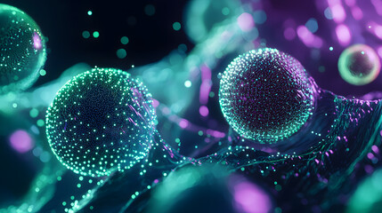 Poster - Augmented reality visualization of microscopic spheres digital realm 3d animation vibrant colors abstract concept