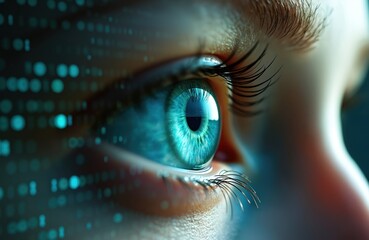 Fototapete - Close-up of human eye reflecting binary code. Digital data streams as futuristic technology concept. Artificial intelligence, cyber security, data processing, computer vision, biometric recognition