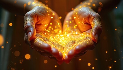 Aufkleber - Hands covered gold glitter, illuminated to create shimmering magical glow with glitter particles floating air. Magic, festive atmosphere, holiday, party decor.