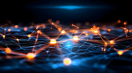 Poster - Abstract Digital Network Background With Glowing Lines And Orange Blue Dots