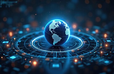 Poster - Futuristic tech illustration with illuminated digital globe on technology background. Planet earth floating above circuit board. Digitalization, network, global connections concept. Representing