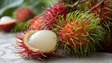 Fresh, sweet, red, hairy rambutan tropical fruit closeup