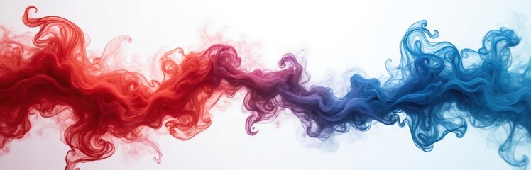 Poster - Red and blue smoke isolated on white background. Colorful swirling smoke clouds, artistic abstract design. Ink flow, gas effect, explosion, powder. Creative art for promo, advertising.