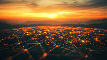 Poster - Digital transformation in sustainable tech visualizing green systems at sunset over a connected landscape