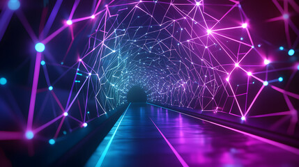 Poster - Vibrant digital network visualization futuristic tunnel motion graphics neon environment immersive perspective sustainable tech concept