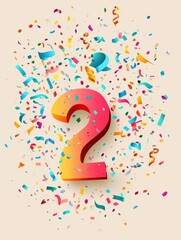Poster - colorful confetti surrounds a playful number two design representing age in a vibrant celebration at